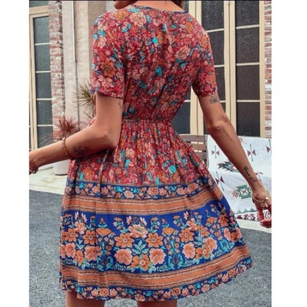 Boho Floral Print Short Sleeve Cottagecore Mini Dress - Picture 12 of 16